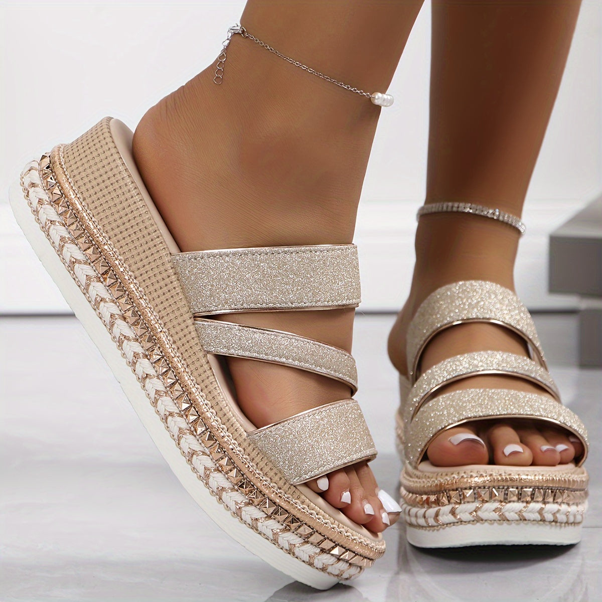 Women’s Gold Open-Toe Platform Sandals with Triple Strap and Slip-On Design