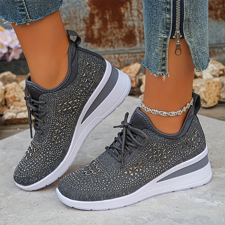Women's Knit Lace-Up Sneakers - Rhinestone Detail - Wedge Sole