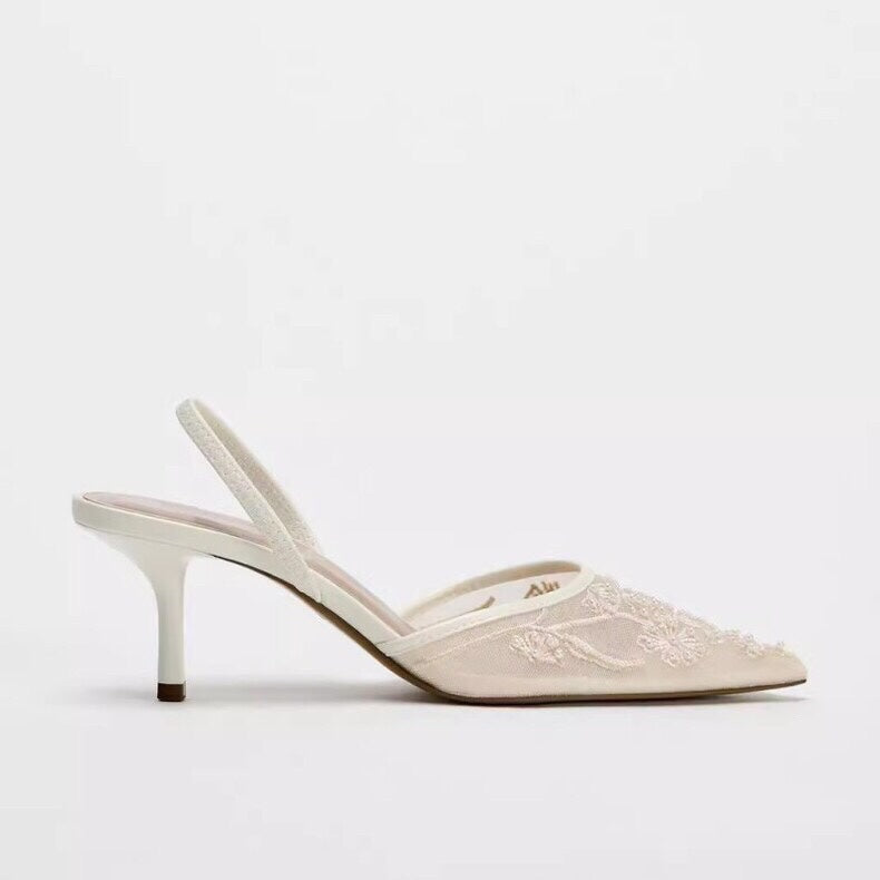 Women's Embroidered Kitten Heels - Mesh Pointed Toe - Slingback