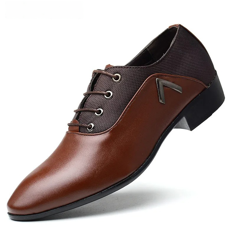 Men’s Pointed Toe Faux Leather Lace-Up Dress Shoes with Panel Contrast Design