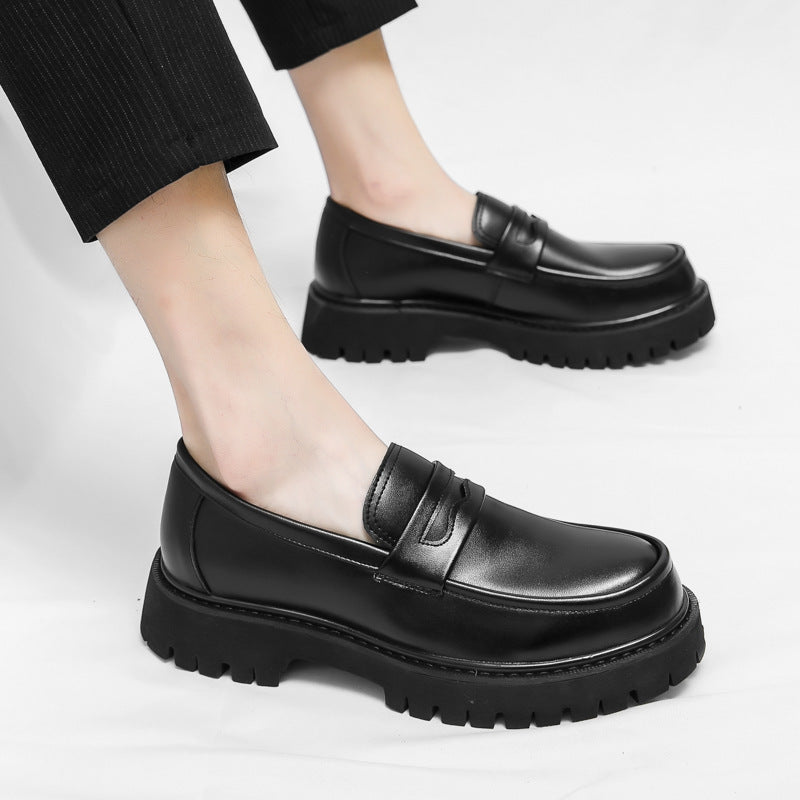 Men’s Black Rounded Toe Slip-On Loafers with Front Strap - Chunky Lug Sole