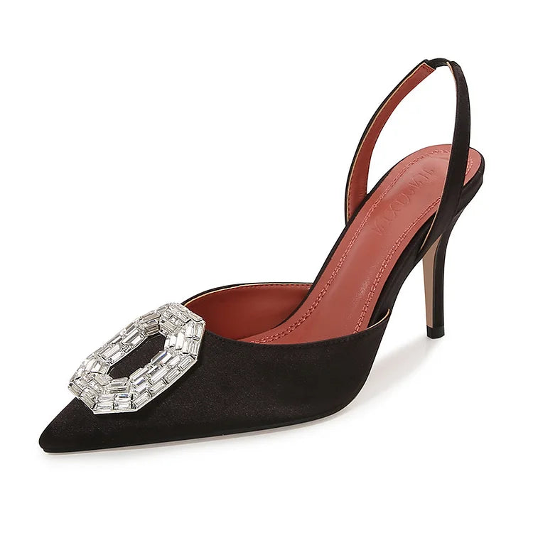 Women's Pointed Toe Slingback Heels - Crystal Embellished Buckle Stiletto