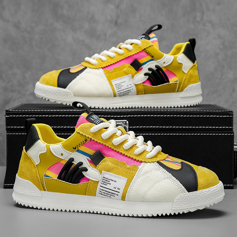 Men's Lace-Up Low-Top Sneakers with Mixed Panel Upper and Rubber Sole