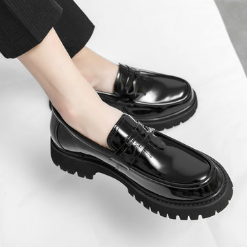 Men’s Black Rounded Toe Slip-On Loafers with Front Strap - Chunky Lug Sole