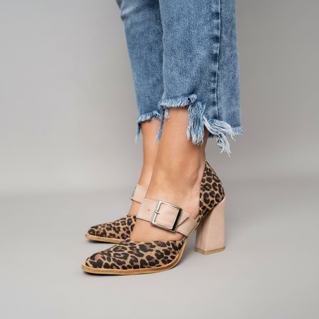 Women's Mary Jane Heels Pointed Toe Block Heel Leopard Print Buckle