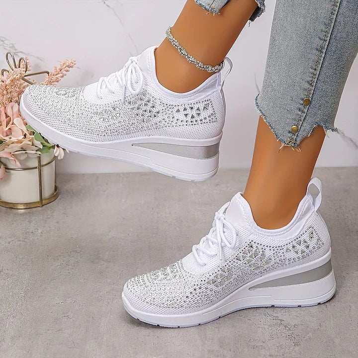 Women's Knit Lace-Up Sneakers - Rhinestone Detail - Wedge Sole