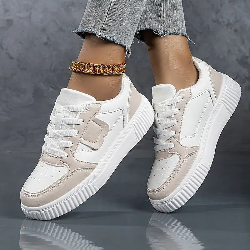 Women's Lace-Up Platform Sneakers with Round Toe and Color-Block Upper