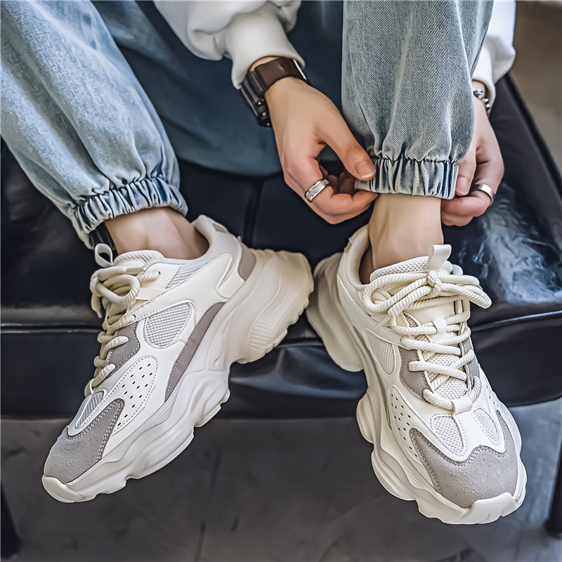 Men's Leather Chunky Sneakers - Lace-Up Design - Mesh Panels - Thick Sculpted Sole