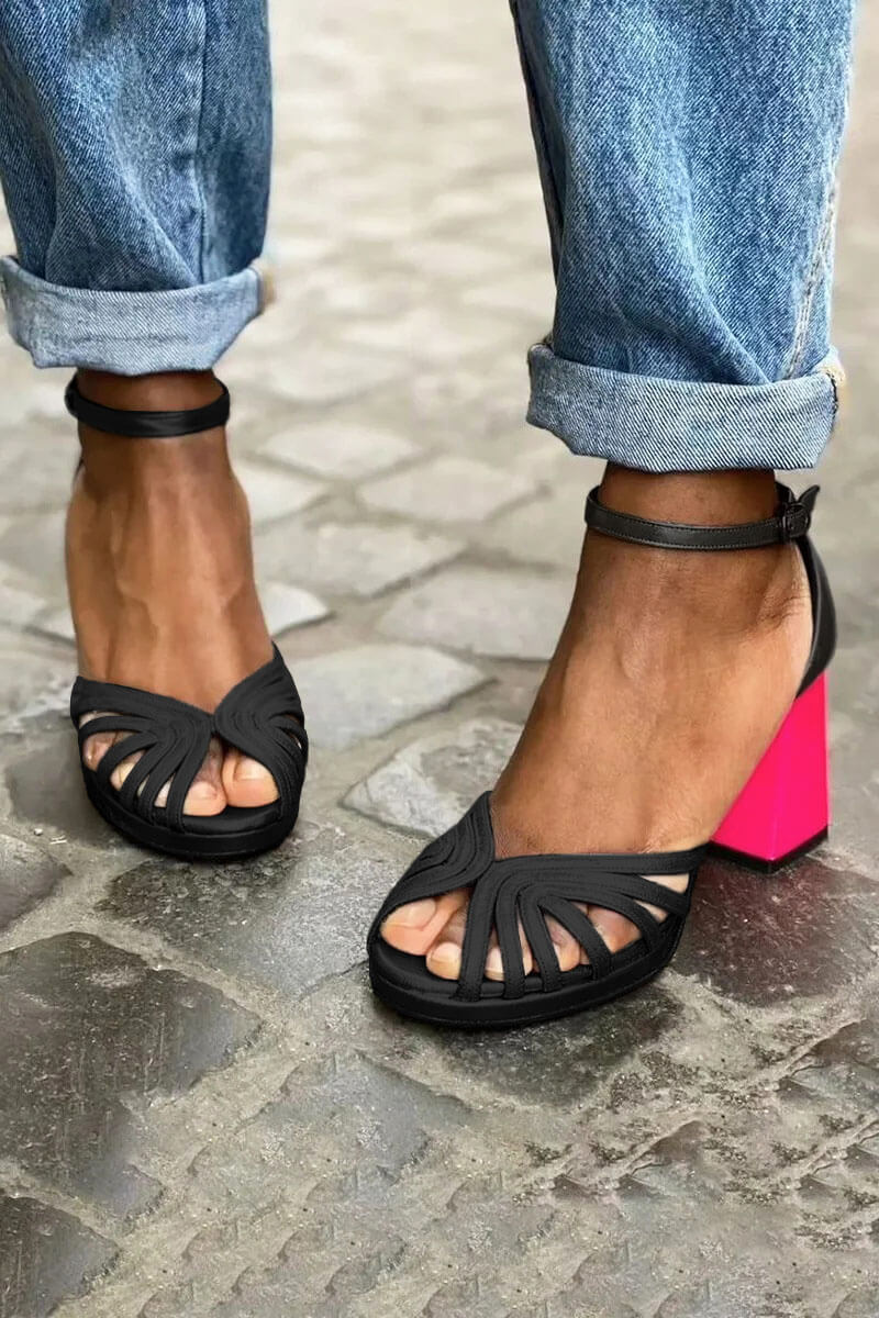 Women’s Open Toe Sandals with Block Heel - Ankle Strap Buckle
