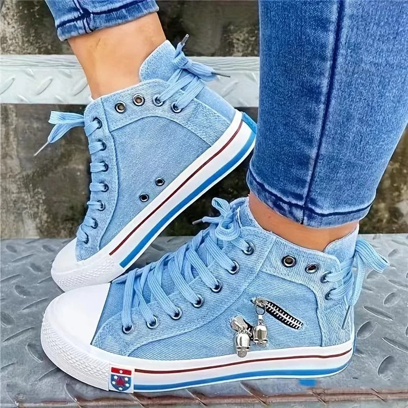 Women's High-Top Denim Sneakers with Lace-Up Closure and Side Zip Detail