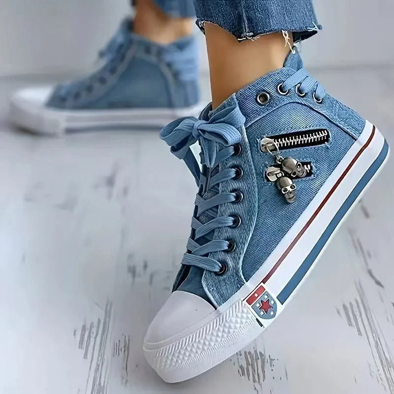 Women's High-Top Denim Sneakers with Lace-Up Closure and Side Zip Detail