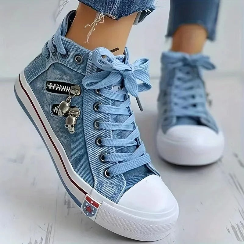 Women's High-Top Denim Sneakers with Lace-Up Closure and Side Zip Detail