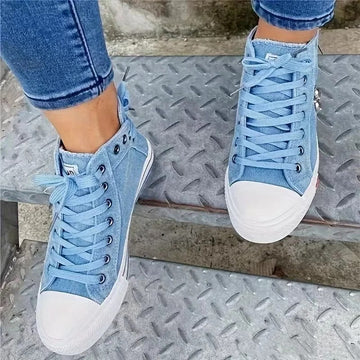Women's High-Top Denim Sneakers with Lace-Up Closure and Side Zip Detail