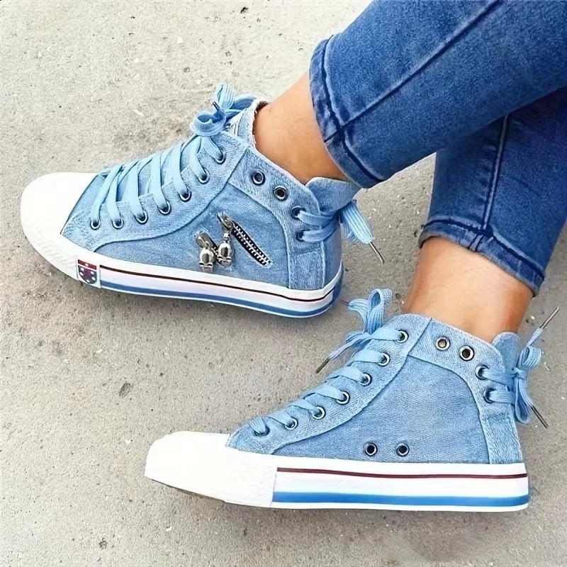 Women's High-Top Denim Sneakers with Lace-Up Closure and Side Zip Detail