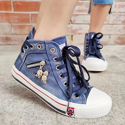 Women's High-Top Denim Sneakers with Lace-Up Closure and Side Zip Detail