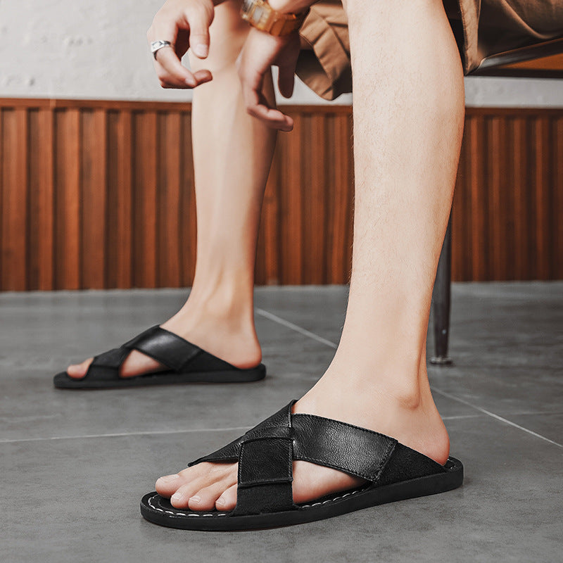 Men's Leather Slide Sandals - Open Toe Cross-Strap Slip-On - Topstitched Footbed