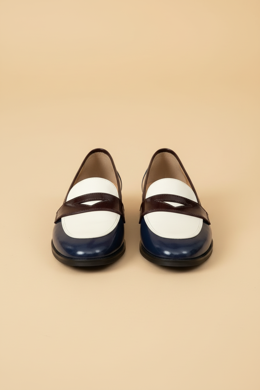 Women's Penny Loafers – Slip-On Flat Shoes with Round Toe and Color Block Upper