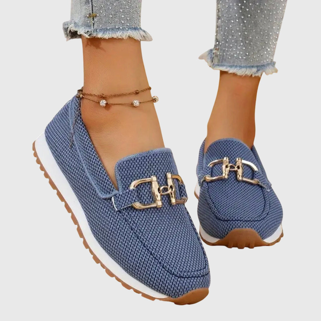 Women’s Almond Toe Slip-On Sneakers with Metal Bit Detail and Textured Rubber Sole
