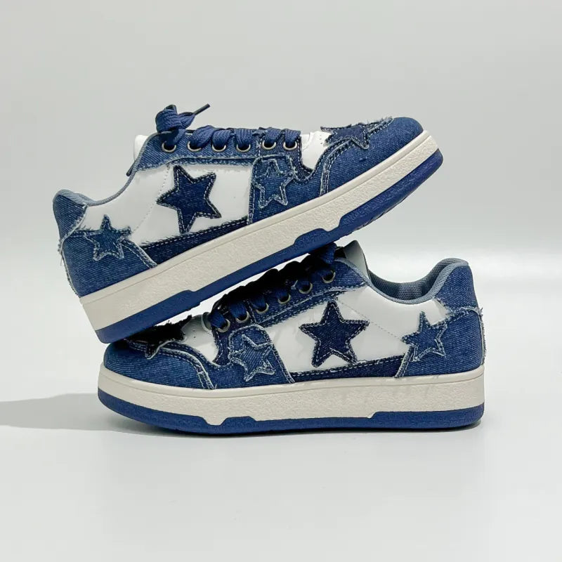 Women’s Star Pattern Casual Sneakers - Lace-Up Denim Style - Low Top Street Shoes