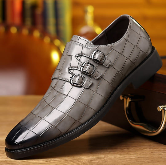 Men's Triple Monk Strap Dress Shoes - Pointed Toe - Croc Embossed - Low Heel