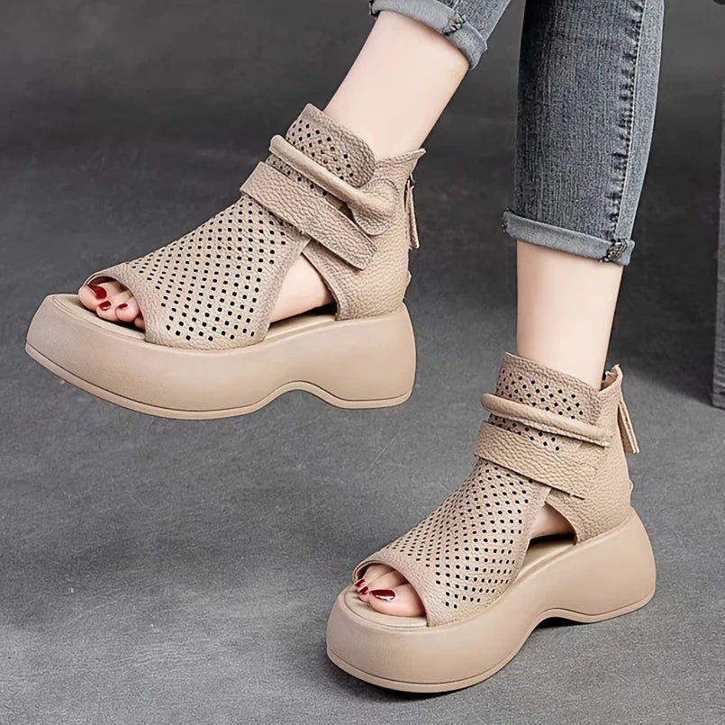 Women’s Open Toe Platform Sandals with Perforated Upper and Ankle Strap
