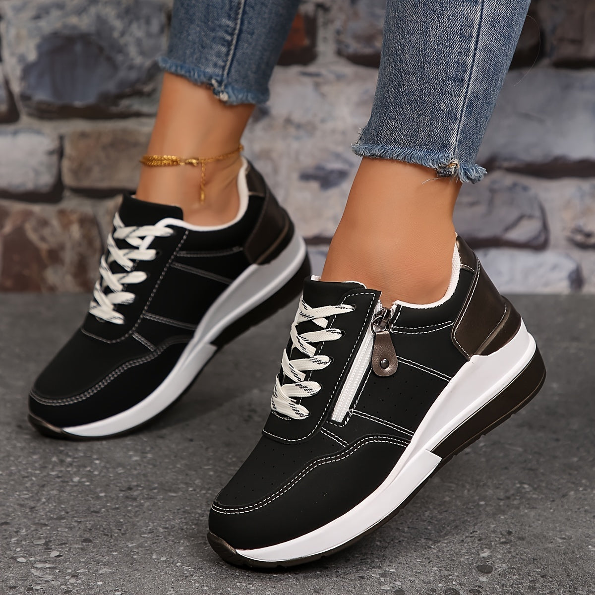 Women’s Lace-Up Sneakers with Side Zipper and Rounded Toe