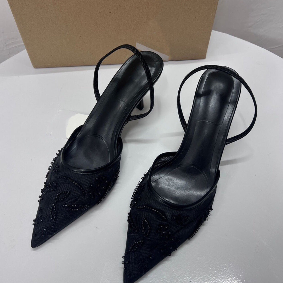 Women's Embroidered Kitten Heels - Mesh Pointed Toe - Slingback