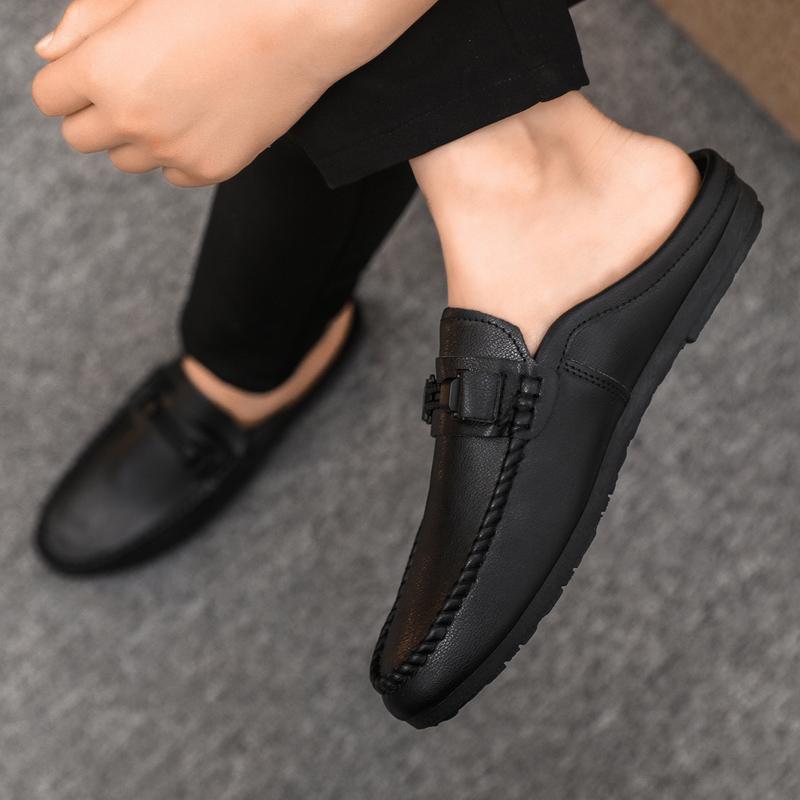 Men's Slip On Loafers Mule – Open Back Round Toe with Buckle Strap Trim