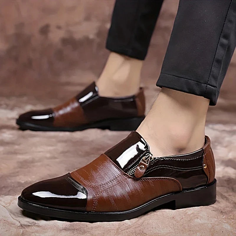 Men's Pointed Toe Dress Shoes - Side Zip - Patent Panel Upper Low Heel