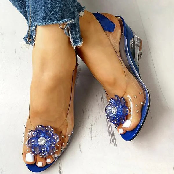 Women's Clear Wedge Sandals – Open Toe Slingback with Flower Crystal Detail