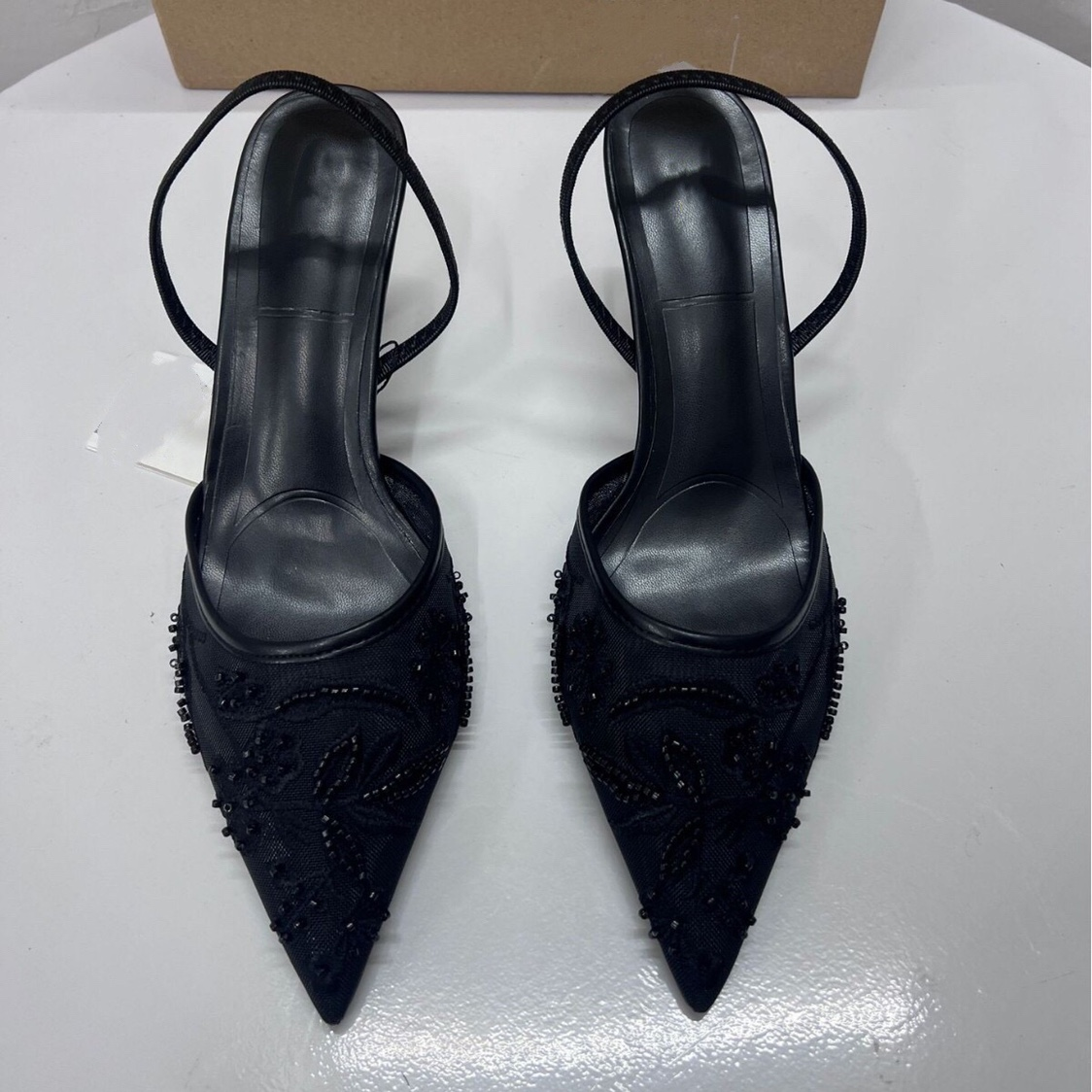 Women's Embroidered Kitten Heels - Mesh Pointed Toe - Slingback