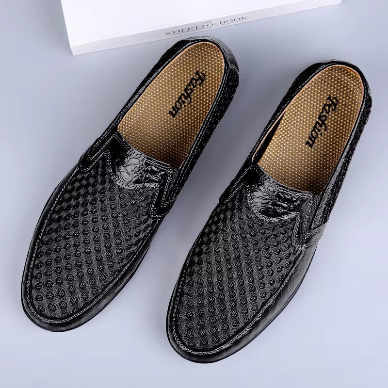 Men’s Round Toe Mesh Faux Leather Loafers with Breathable Perforated Upper