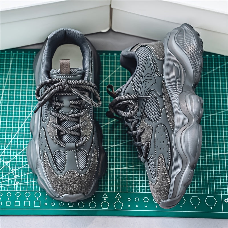 Men's Leather Chunky Sneakers - Lace-Up Design - Mesh Panels - Thick Sculpted Sole