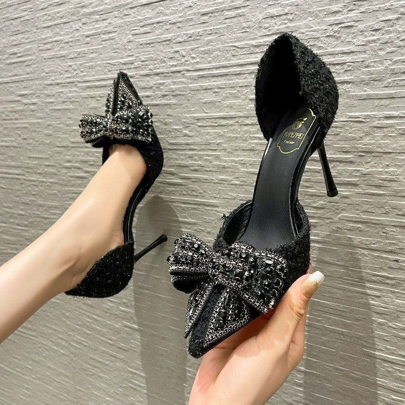 Women's Stiletto Heels – Pointed Toe D'Orsay Pump with Bow and Crystal Detail