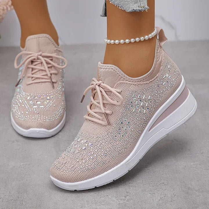 Women's Knit Lace-Up Sneakers - Rhinestone Detail - Wedge Sole