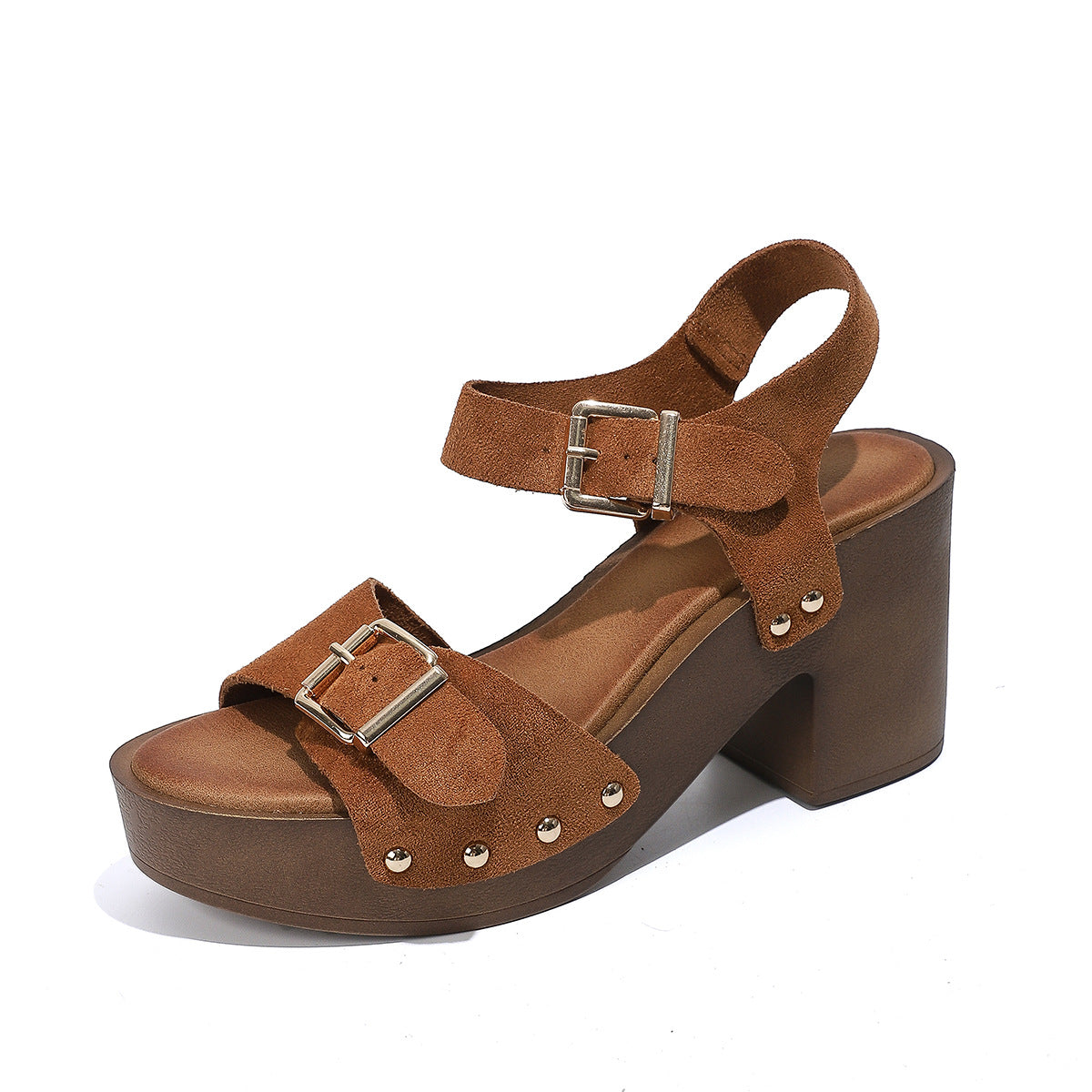 Women's Open Toe Platform Sandals with Double Buckle Strap and Block Heel