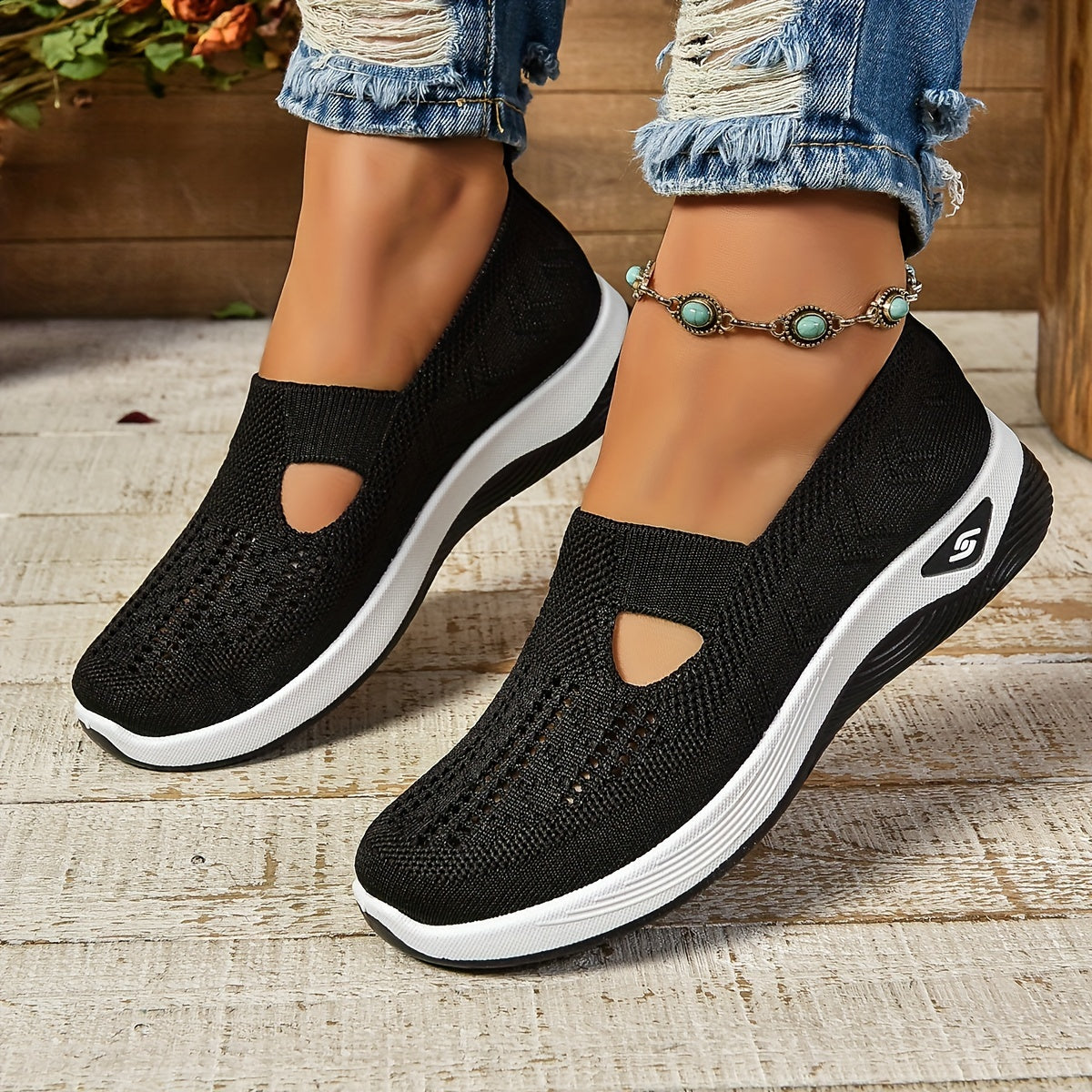 Women's Slip-On Sneakers - Knit Upper - Cutout Vamp - Platform Sole