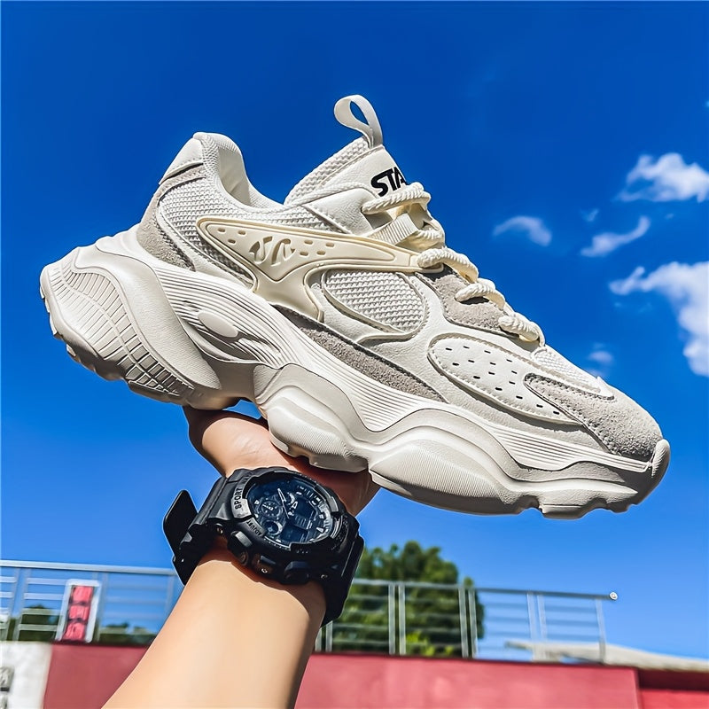 Men's Leather Chunky Sneakers - Lace-Up Design - Mesh Panels - Thick Sculpted Sole