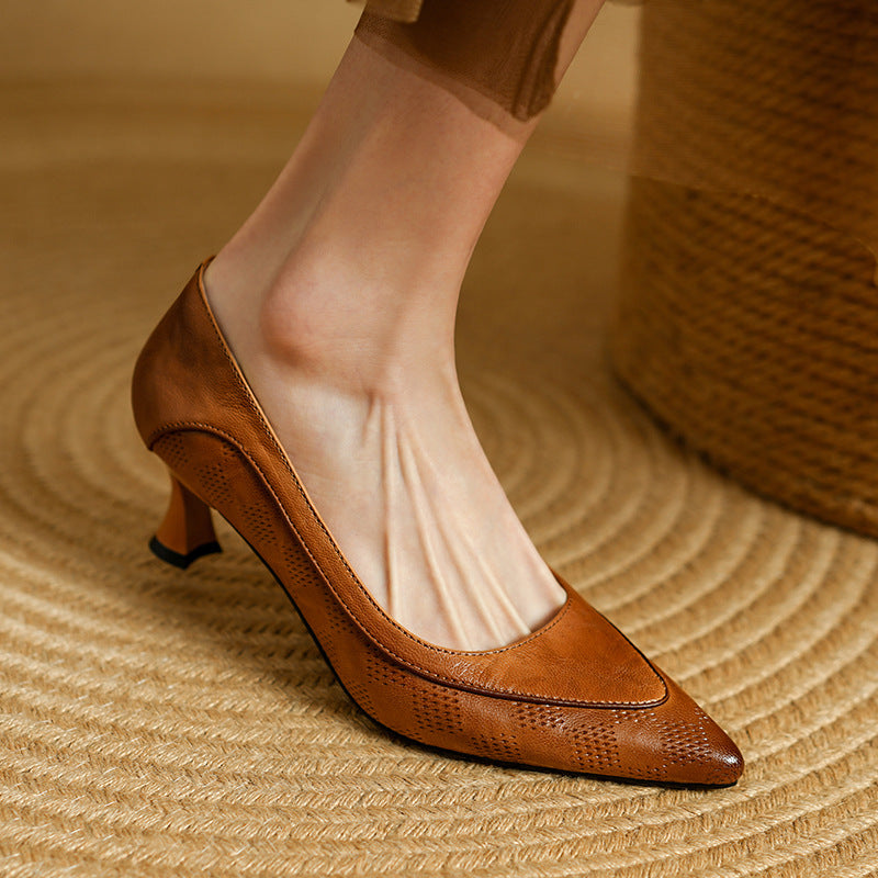 Women's Leather Kitten Heels - Pointed Toe Slip-On Pumps - Embossed Upper