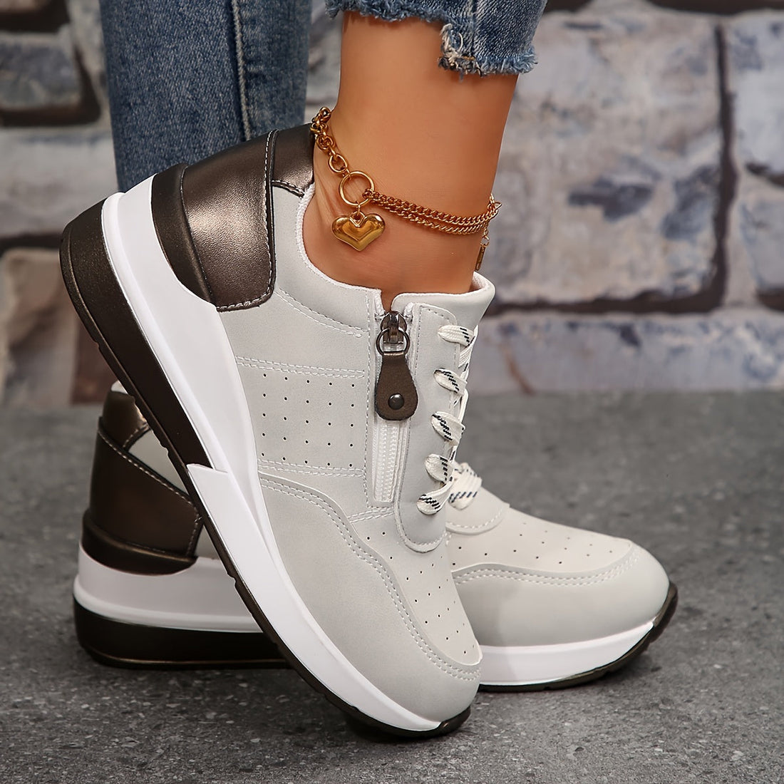 Women’s Lace-Up Sneakers with Side Zipper and Rounded Toe
