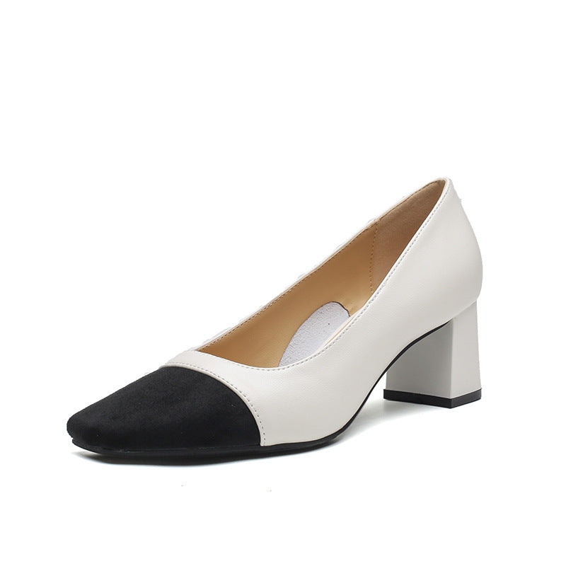 Women's Two-Tone Leather Slip-On Pumps with Cap Toe and Block Heel