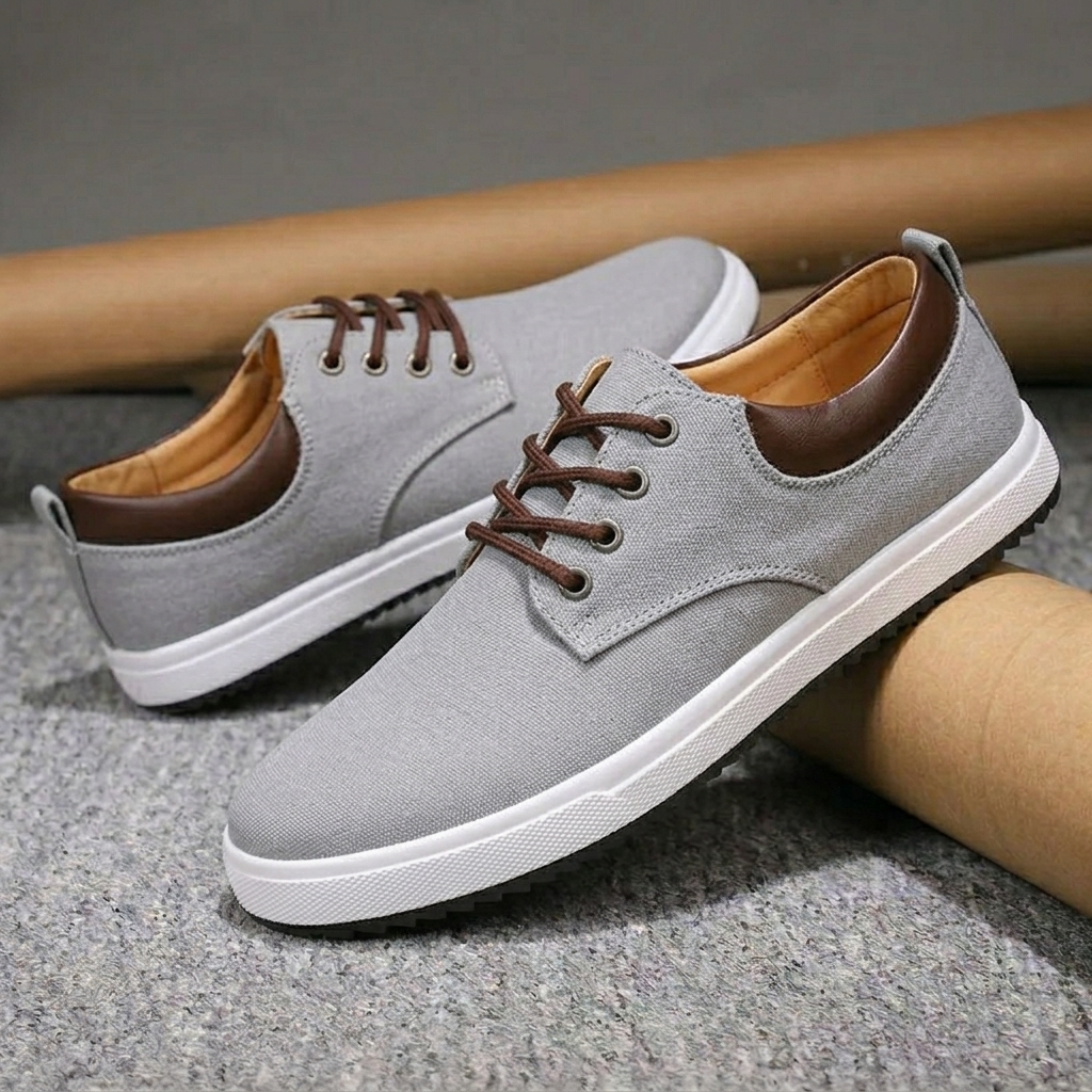Men's Lace-Up Leather Low-Top Sneakers - Round Toe - Flat Rubber Sole