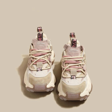 Women's Lace-Up Platform Sneakers - Chunky Sole - Mixed Material
