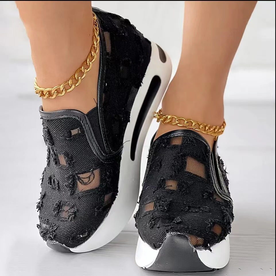 Women's Platform Sneakers – Round Toe Slip-On with Cutout Mesh Denim Upper