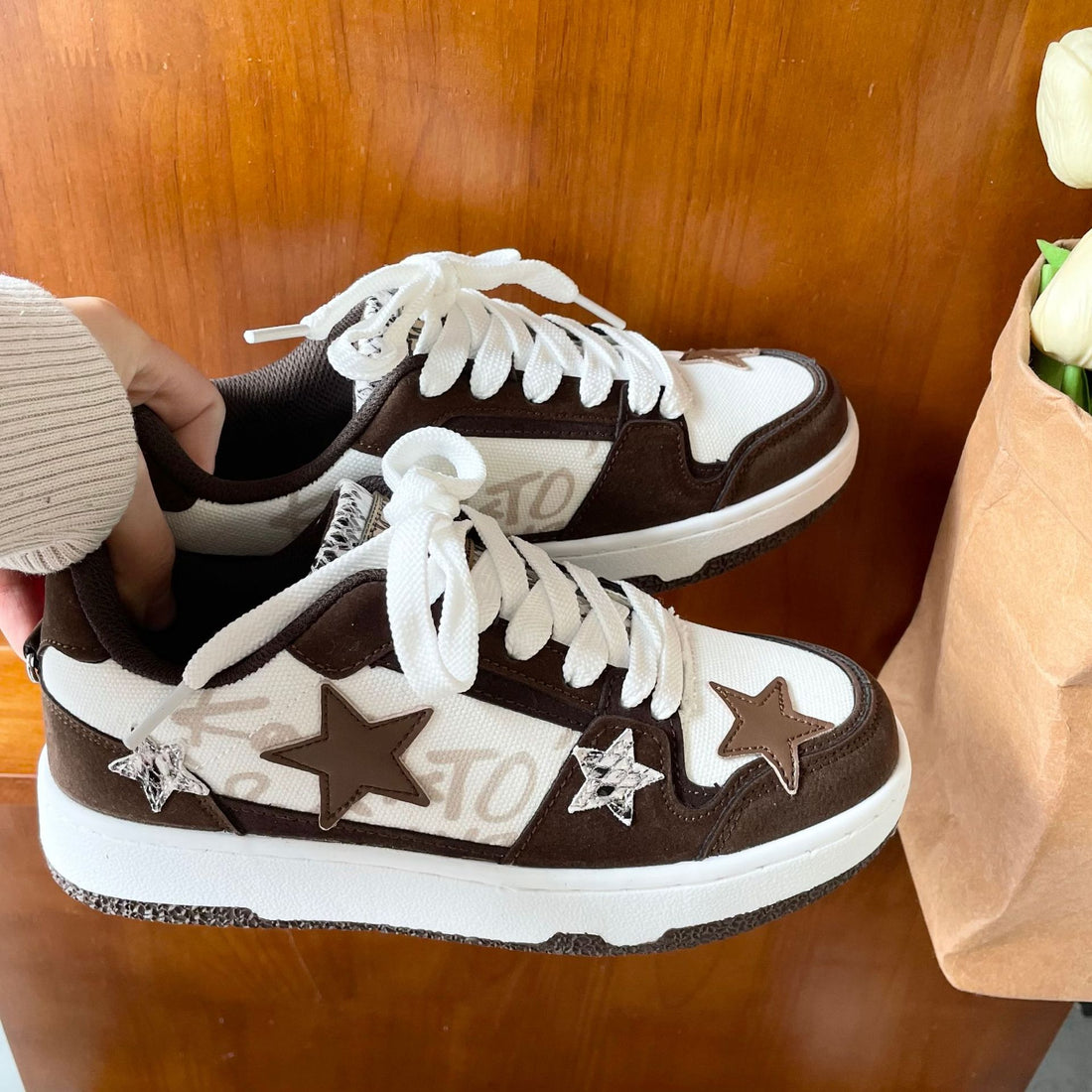 Women's Lace-Up Platform Sneakers - Low Top - Star Applique - Chunky Sole