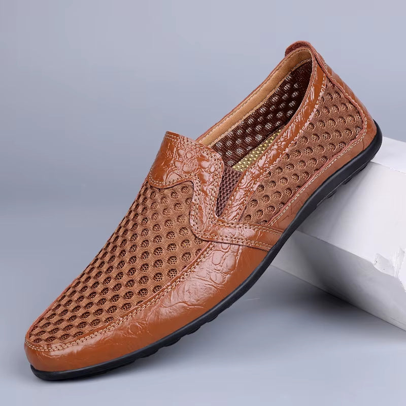 Men’s Round Toe Mesh Faux Leather Loafers with Breathable Perforated Upper