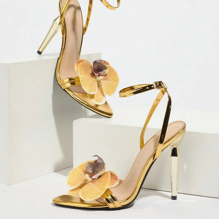 Women's Open Toe Stiletto Heel Sandals - Ankle Strap - Floral Applique - Gold