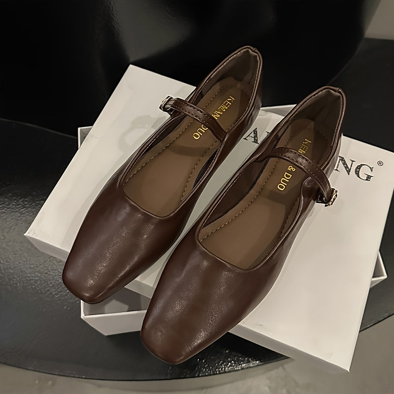 Women's Leather Ballet Flats – Square Toe Single Strap with Gold-Tone Pin Buckle