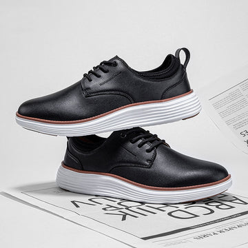 Men's Leather Casual Dress Shoes – Plain Toe Lace-Up with Chunky White Sole
