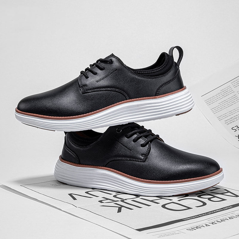 Men's Leather Casual Dress Shoes – Plain Toe Lace-Up with Chunky White Sole